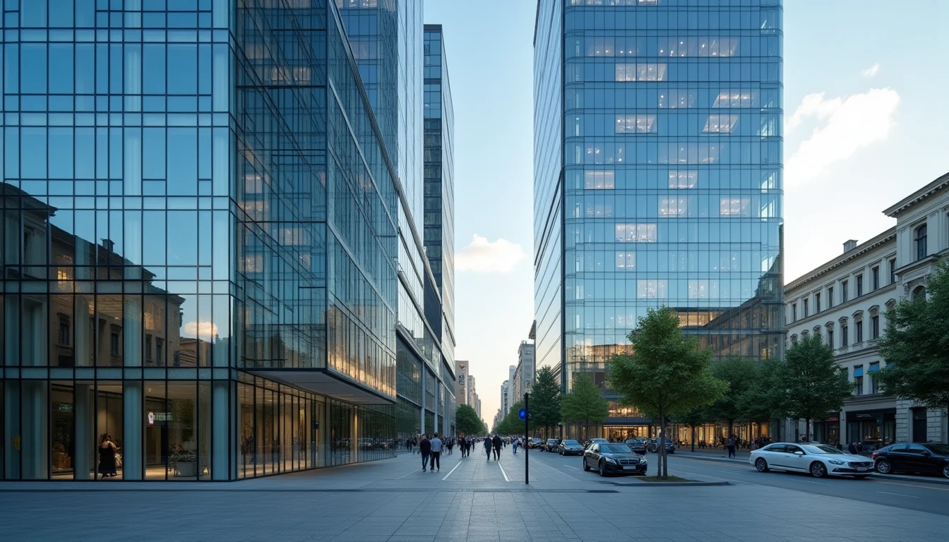 Modern office Berlin contact communication business professional detailed photography showing glass building architecture in Friedrichstrasse area with reflection of city sky