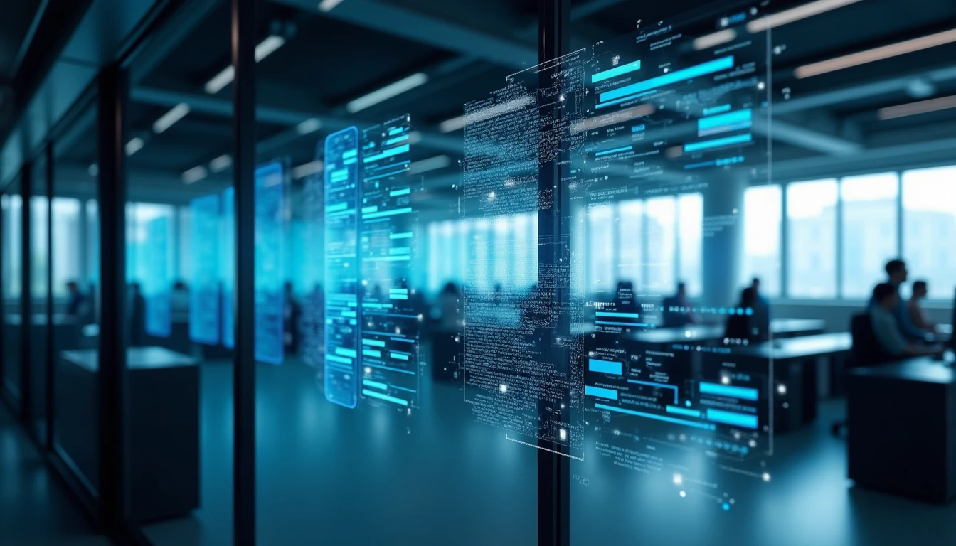 Business process automation workflow AI integration corporate detailed visualization showing department connectivity between sales marketing and support with abstract digital lines connecting servers and workstations in a modern office context