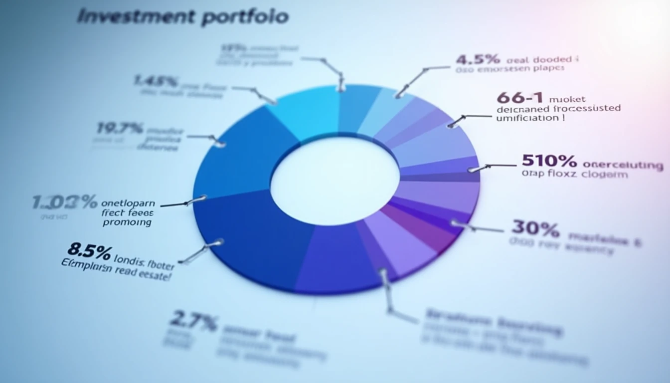 Investment portfolio optimization chart asset allocation diversification detailed pie chart visualization showing percentages of stocks bonds real estate and crypto assets in varying shades of blue and purple